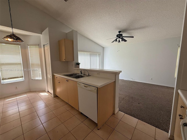 5657 NW 121st Ave, Coral Springs, FL 33076 - kitchen with dishwasher, vaulted ceiling, light countertops, ceiling fan, and light tile patterned floors