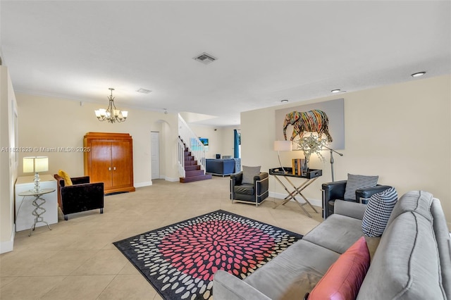 15631 SW 53rd St, Miramar, FL 33027 - living area featuring stairway, light tile patterned flooring, and a chandelier