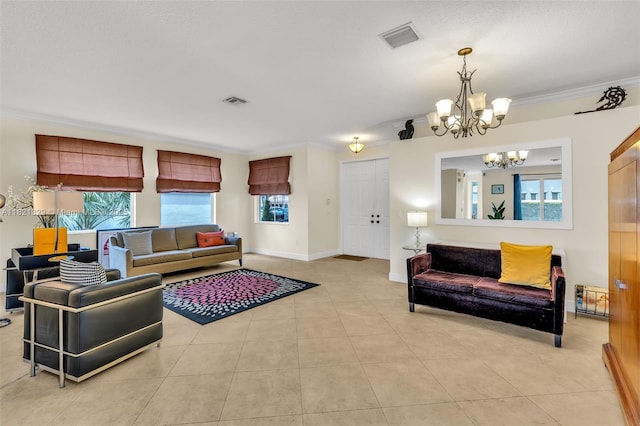 15631 SW 53rd St, Miramar, FL 33027 - tiled living room featuring a chandelier, crown molding, and healthy amount of natural light