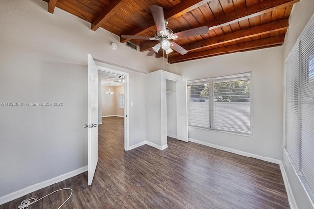 6428 Plunkett St, Hollywood, FL 33023 - unfurnished bedroom with a wood ceiling with exposed beams, dark wood-style floors, a closet, and ceiling fan