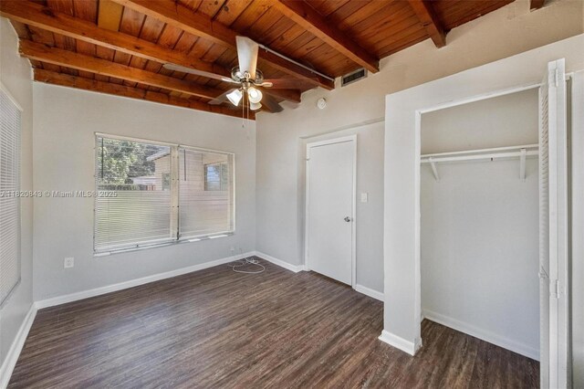 6428 Plunkett St, Hollywood, FL 33023 - unfurnished bedroom with a wooden ceiling with exposed beams, dark wood-style floors, a closet, and a ceiling fan