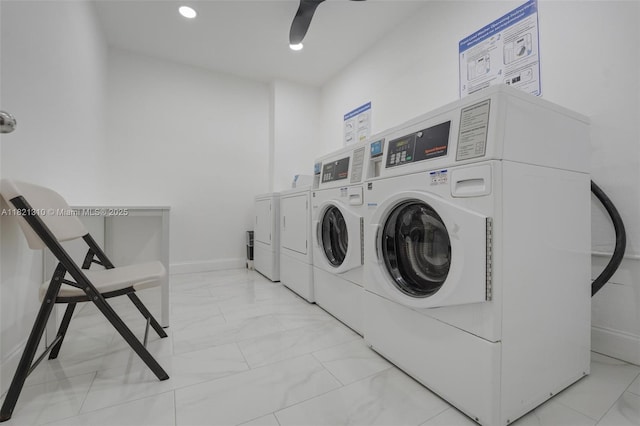 1200 Euclid Ave Unit 103, Miami Beach, FL 33139 - community laundry featuring washing machine and dryer, light marble finish floors, ceiling fan, and recessed lighting