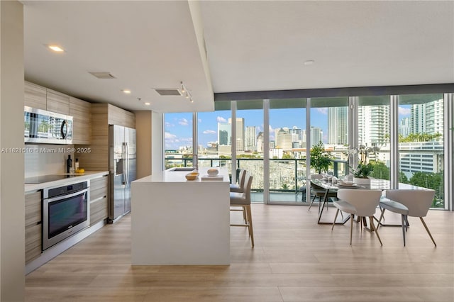 185 SW 7th St Unit 803, Miami, FL 33130 - kitchen with appliances with stainless steel finishes, modern cabinets, a skyline view, expansive windows, and light countertops