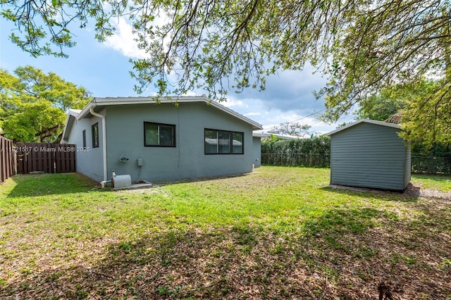 4521 SW 25th Ter, Dania Beach, FL 33312 - back of house with stucco siding, a fenced backyard, and a storage shed