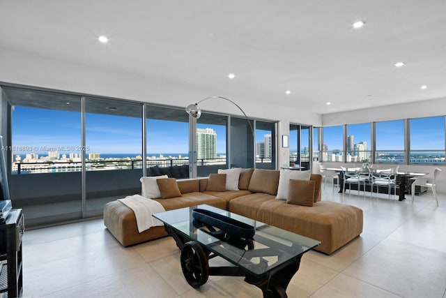 11 Island Ave Unit Ph2, Miami Beach, FL 33139 - living room with recessed lighting, a view of city, and light tile patterned floors