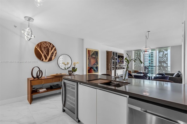 325 S Biscayne Blvd Unit 2515, Miami, FL 33131 - kitchen featuring dishwasher, dark countertops, beverage cooler, light marble finish floors, and white cabinets