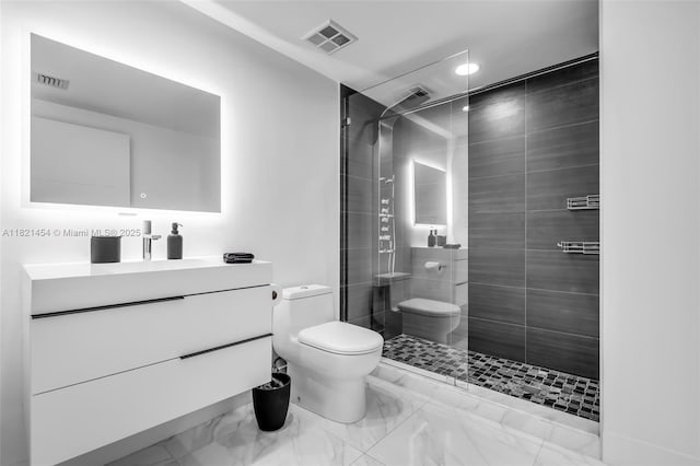 325 S Biscayne Blvd Unit 2515, Miami, FL 33131 - full bathroom with vanity, tiled shower, marble finish flooring, and recessed lighting