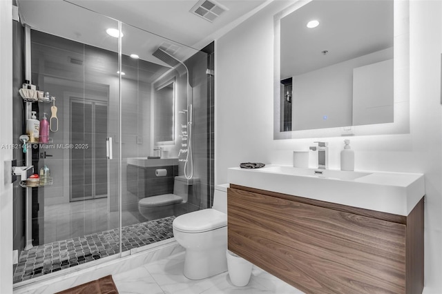 325 S Biscayne Blvd Unit 2515, Miami, FL 33131 - bathroom with vanity, marble finish floors, a shower stall, and recessed lighting