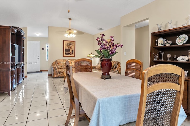 18033 SW 137th Ct, Miami, FL 33177 - dining space featuring light tile patterned floors, ceiling fan, and vaulted ceiling