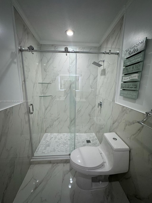 6315 SW 138th Ct Unit 6315-4, Miami, FL 33183 - bathroom featuring marble look tile flooring, crown molding, a marble finish shower, and tile walls