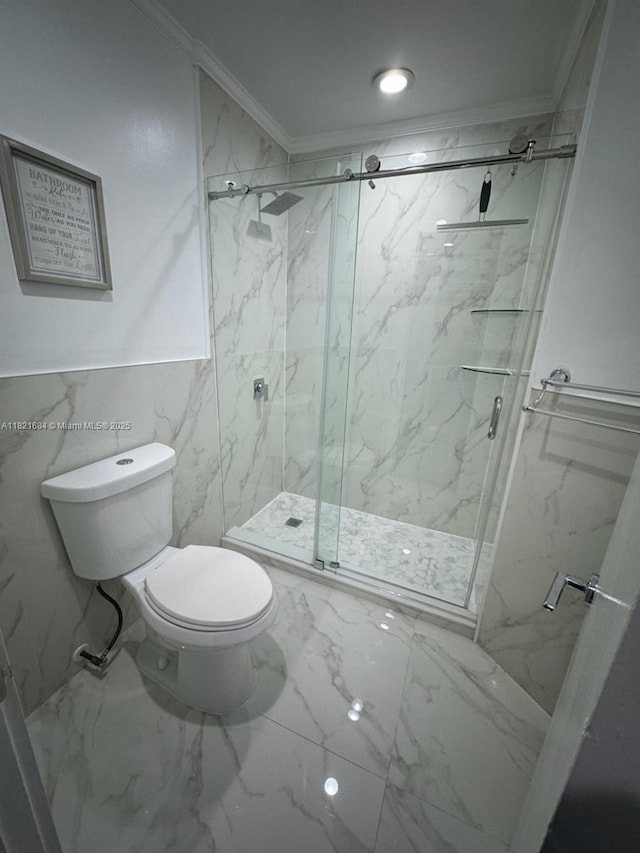 6315 SW 138th Ct Unit 6315-4, Miami, FL 33183 - full bathroom featuring marble finish floors, ornamental molding, a marble finish shower, and tile walls