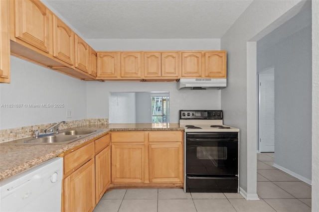 220 Croton Ave Unit 102, Lantana, FL 33462 - kitchen featuring range with electric stovetop, white dishwasher, under cabinet range hood, light brown cabinetry, and light tile patterned floors