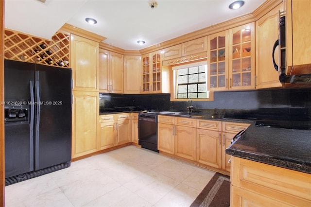 5959 SW 16th Ter, West Miami, FL 33155 - kitchen with black appliances, light brown cabinets, backsplash, glass insert cabinets, and recessed lighting