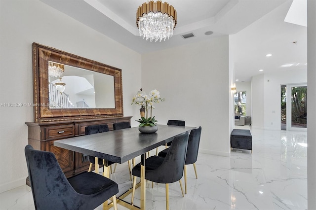 1382 Harbor Vw W, Hollywood, FL 33019 - dining space with a chandelier, light marble finish floors, a tray ceiling, and recessed lighting