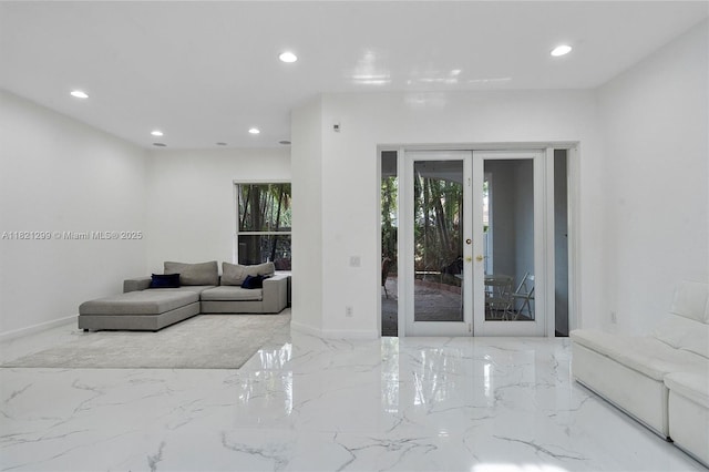 1382 Harbor Vw W, Hollywood, FL 33019 - living room featuring marble tiled floors, recessed lighting, and french doors