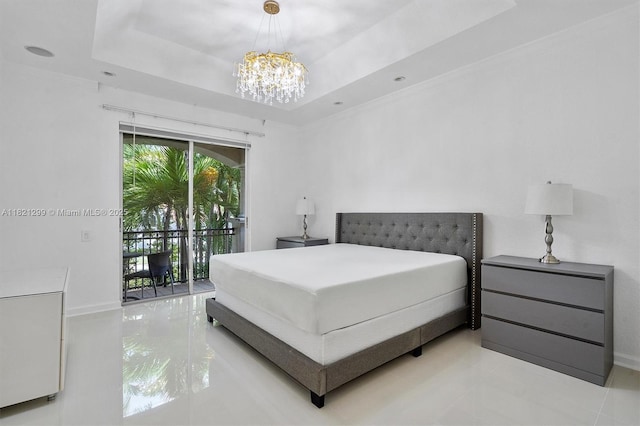 1382 Harbor Vw W, Hollywood, FL 33019 - tiled bedroom featuring access to exterior, a chandelier, and a raised ceiling
