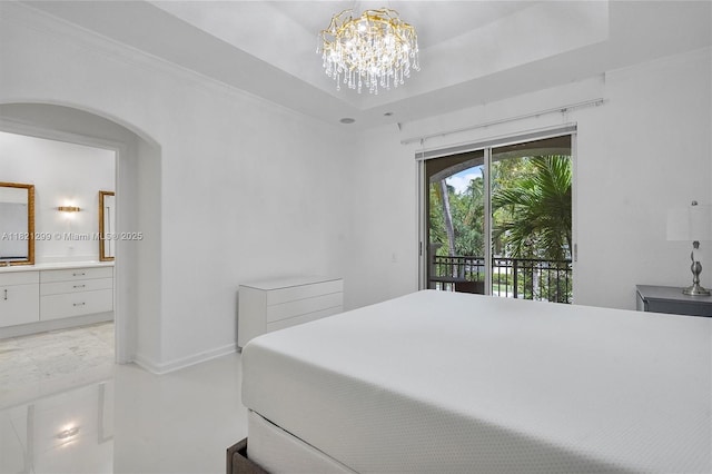 1382 Harbor Vw W, Hollywood, FL 33019 - bedroom featuring access to outside, a chandelier, arched walkways, ensuite bath, and a tray ceiling