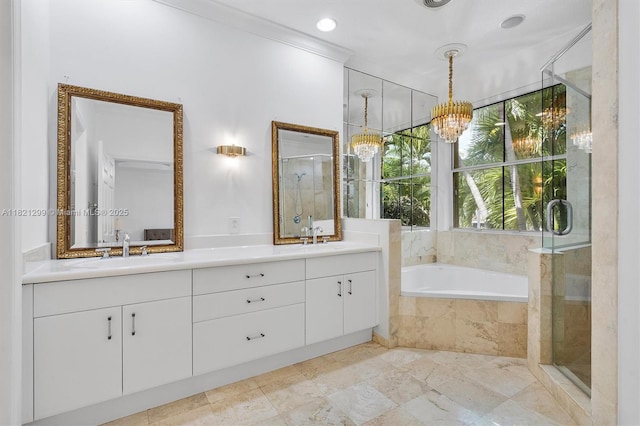 1382 Harbor Vw W, Hollywood, FL 33019 - bathroom with double vanity, a garden tub, a stall shower, and a chandelier