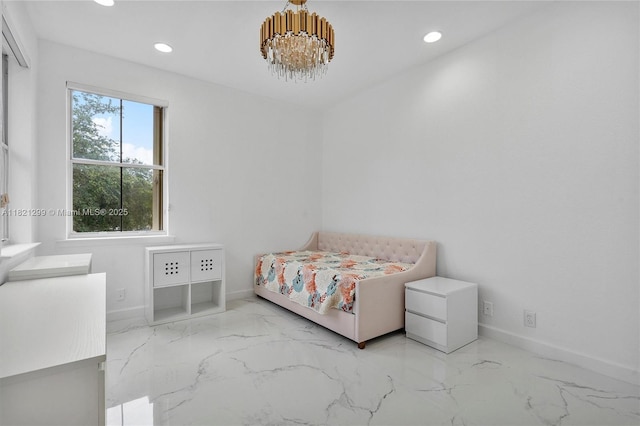1382 Harbor Vw W, Hollywood, FL 33019 - bedroom with marble look tiles, recessed lighting, and a chandelier