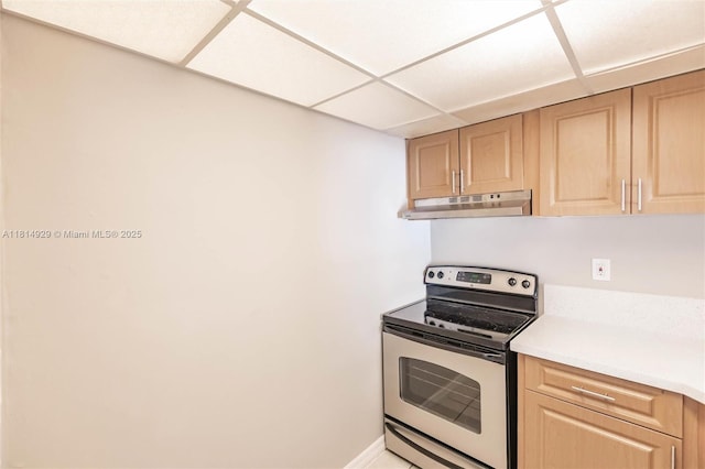801 NW 47th Ave Unit 409W, Miami, FL 33126 - kitchen featuring stainless steel electric range, under cabinet range hood, light brown cabinetry, and light countertops