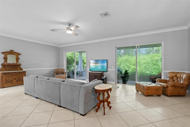 542 Penta Ct, Weston, FL 33327 - living room with crown molding, ceiling fan, and light tile patterned floors