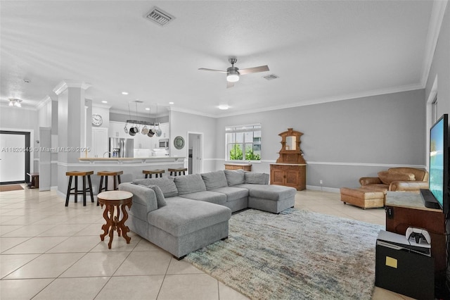 542 Penta Ct, Weston, FL 33327 - living room featuring light tile patterned flooring, crown molding, a ceiling fan, and recessed lighting