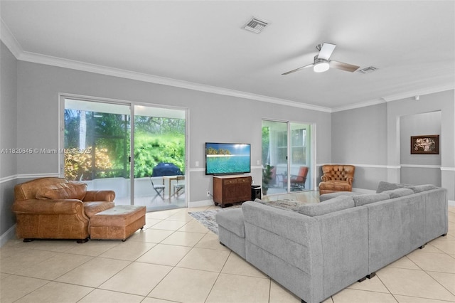 542 Penta Ct, Weston, FL 33327 - living area featuring light tile patterned floors, crown molding, and a ceiling fan