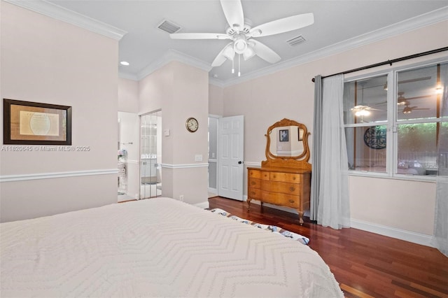542 Penta Ct, Weston, FL 33327 - bedroom with wood finished floors, ornamental molding, ceiling fan, recessed lighting, and ensuite bathroom
