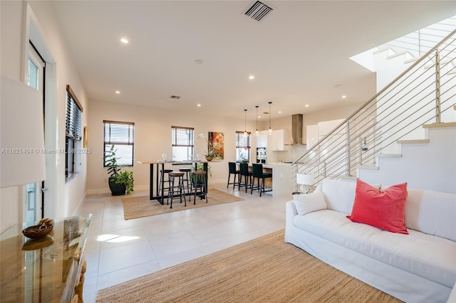 8217 NW 46th St, Doral, FL 33166 - living area featuring stairs, light tile patterned floors, and recessed lighting