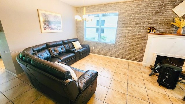 2190 SE 2nd St, Homestead, FL 33033 - living area with brick wall, a chandelier, and tile patterned flooring