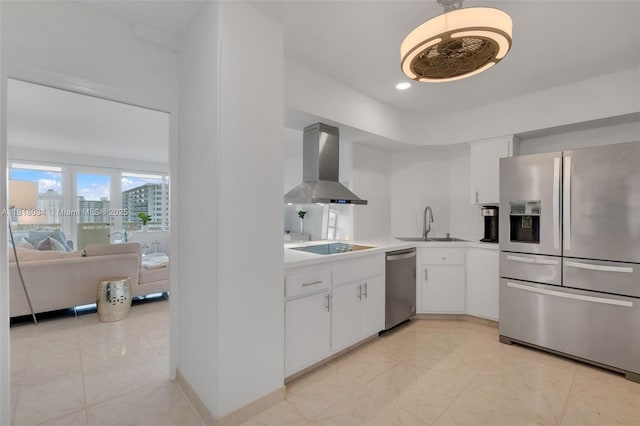 3200 NE 36th St Unit 1221, Fort Lauderdale, FL 33308 - kitchen with appliances with stainless steel finishes, wall chimney range hood, light countertops, light marble finish flooring, and white cabinets