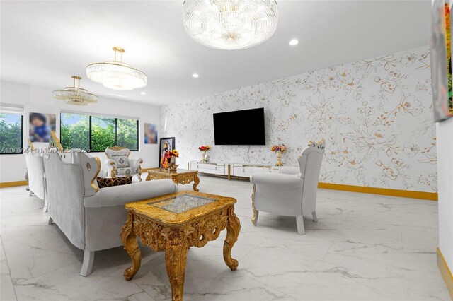 13005 Addilyn Ct, Davie, FL 33325 - living area with a chandelier, recessed lighting, wallpapered walls, light marble finish floors, and plenty of natural light