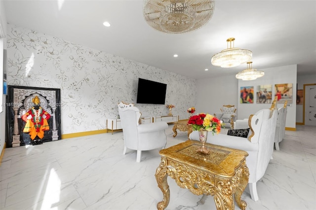 13005 Addilyn Ct, Davie, FL 33325 - living room featuring recessed lighting, a chandelier, marble finish flooring, and wallpapered walls