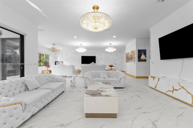 13005 Addilyn Ct, Davie, FL 33325 - living room with marble finish flooring, recessed lighting, and a chandelier