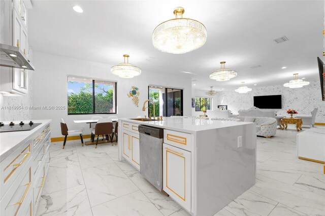 13005 Addilyn Ct, Davie, FL 33325 - kitchen with stainless steel dishwasher, exhaust hood, light marble finish floors, light countertops, and recessed lighting