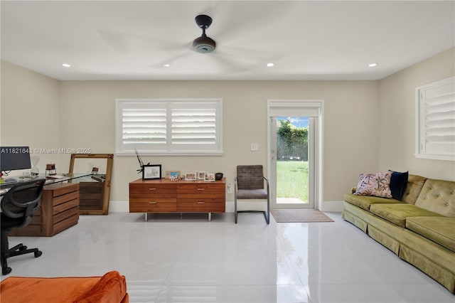 14625 SW 83rd Pl, Palmetto Bay, FL 33158 - office area featuring ceiling fan, tile patterned floors, and recessed lighting