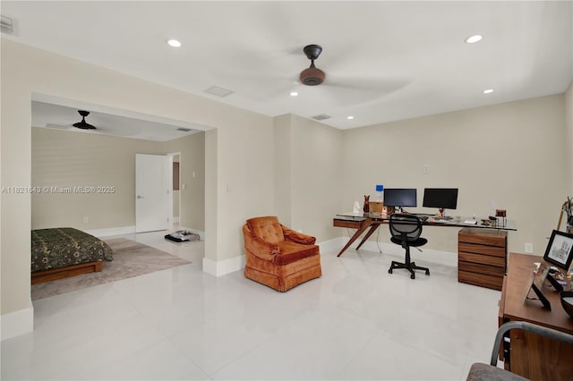 14625 SW 83rd Pl, Palmetto Bay, FL 33158 - office area featuring a ceiling fan, recessed lighting, and light tile patterned floors