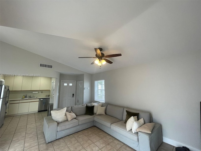 13766 SW 147th Cir Ln Unit 1-20, Miami, FL 33186 - living room featuring a ceiling fan, light tile patterned flooring, and vaulted ceiling