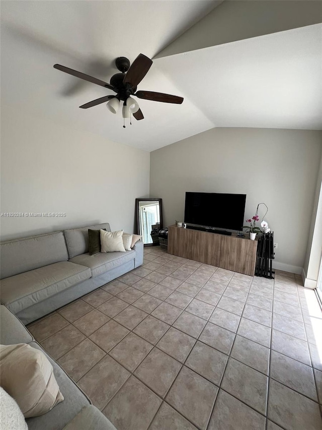 13766 SW 147th Cir Ln Unit 1-20, Miami, FL 33186 - living area featuring vaulted ceiling, a ceiling fan, and light tile patterned flooring