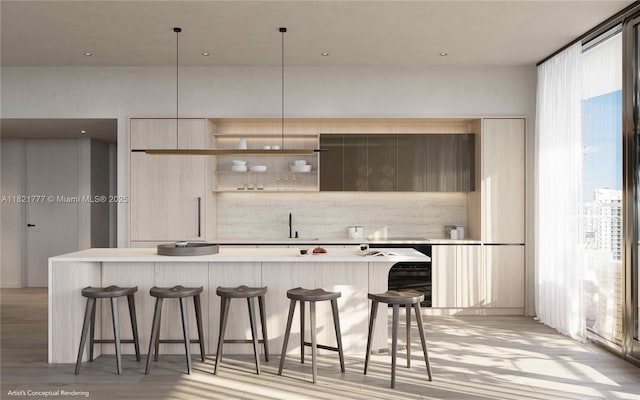 99 SW 7th St Unit 3904, Miami, FL 33130 - kitchen with modern cabinets, light countertops, a center island, a kitchen breakfast bar, and open shelves
