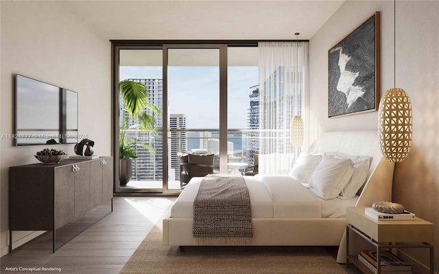 99 SW 7th St Unit 3904, Miami, FL 33130 - bedroom featuring access to exterior, wood finished floors, and expansive windows