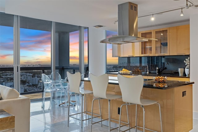 6899 Collins Ave Unit 2707, Miami Beach, FL 33141 - kitchen featuring island range hood, light tile patterned floors, a breakfast bar, glass insert cabinets, and track lighting