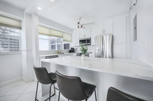 1920 S Ocean Dr Unit 901, Fort Lauderdale, FL 33316 - kitchen featuring appliances with stainless steel finishes, backsplash, ceiling fan, white cabinets, and a breakfast bar area