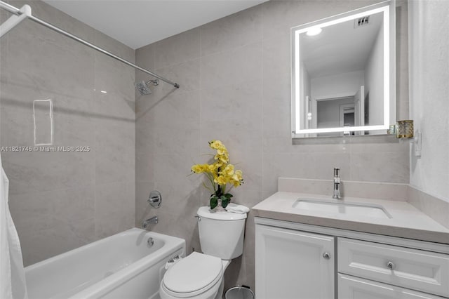 7100 Mcclellan St, Hollywood, FL 33024 - full bathroom with tile walls, shower / bath combination with curtain, vanity, and backsplash