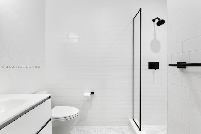 11100 Paradela St, Coral Gables, FL 33156 - full bath with tiled shower, vanity, tile walls, and tile patterned flooring