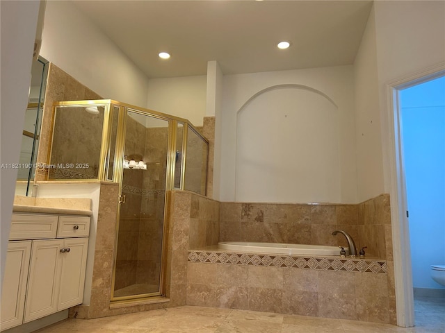 2640 Fairways Dr, Homestead, FL 33035 - full bath featuring vanity, a garden tub, a shower stall, and recessed lighting