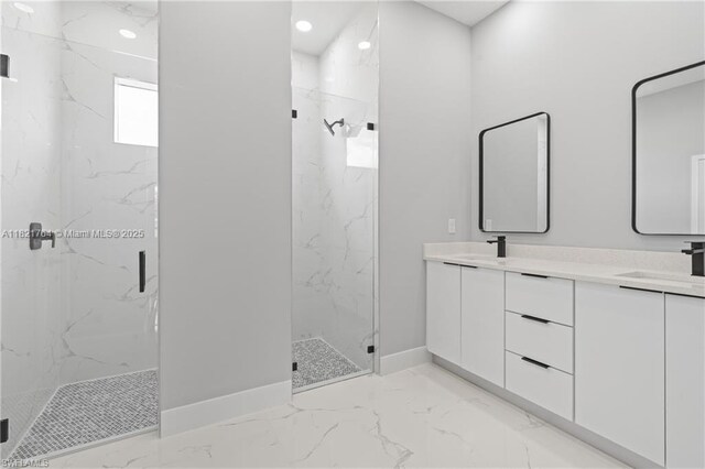 1003 Casino Ave, Lehigh Acres, FL 33971 - bathroom with marble finish floors, a marble finish shower, double vanity, and recessed lighting