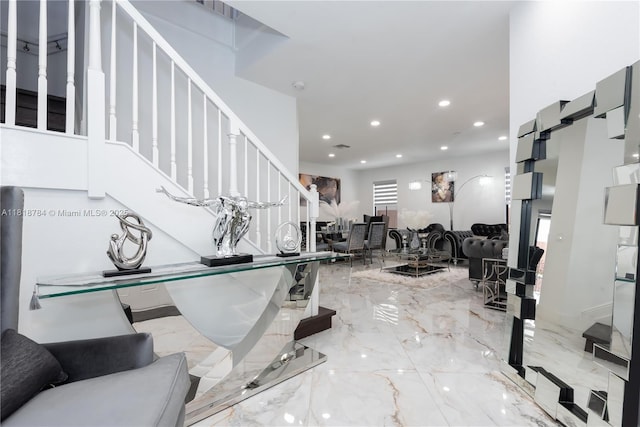 8885 NW 100th Pl, Doral, FL 33178 - living area featuring stairs, recessed lighting, and marble tiled floors