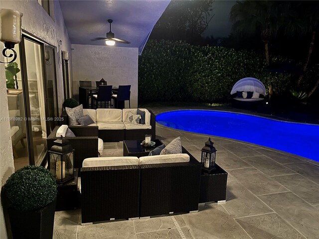 4370 NW 62nd Ter, Coral Springs, FL 33067 - view of swimming pool featuring outdoor lounge area, a patio area, ceiling fan, and outdoor dining area