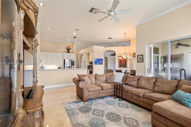 11196 Sea Grass Cir, Boca Raton, FL 33498 - living area featuring a ceiling fan, crown molding, a chandelier, arched walkways, and light tile patterned floors